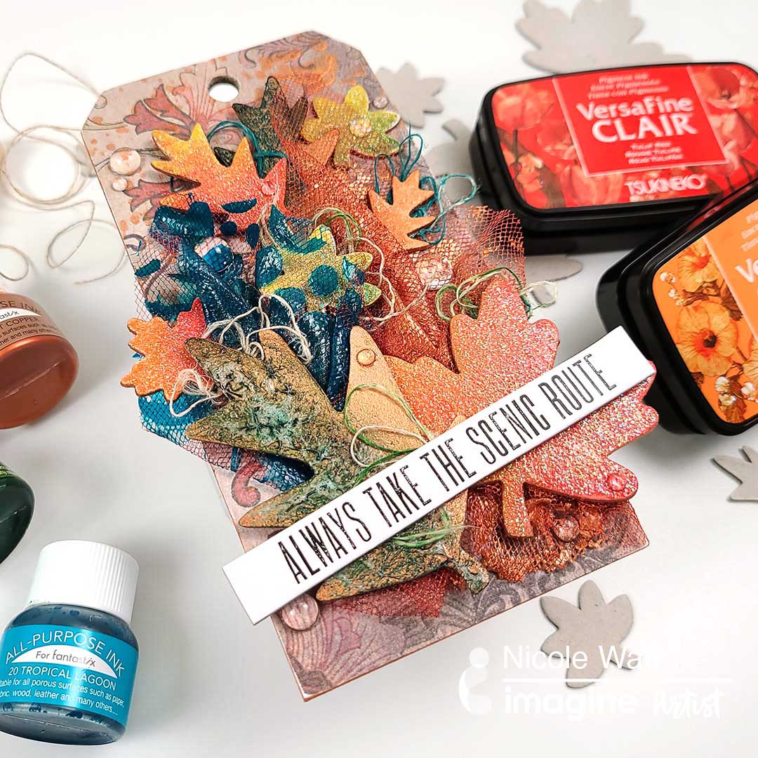 fall leaves mixed media gift tag